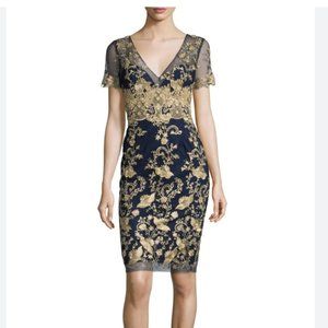 Marchesa Notte Blue and Gold Lace and Beaded dress